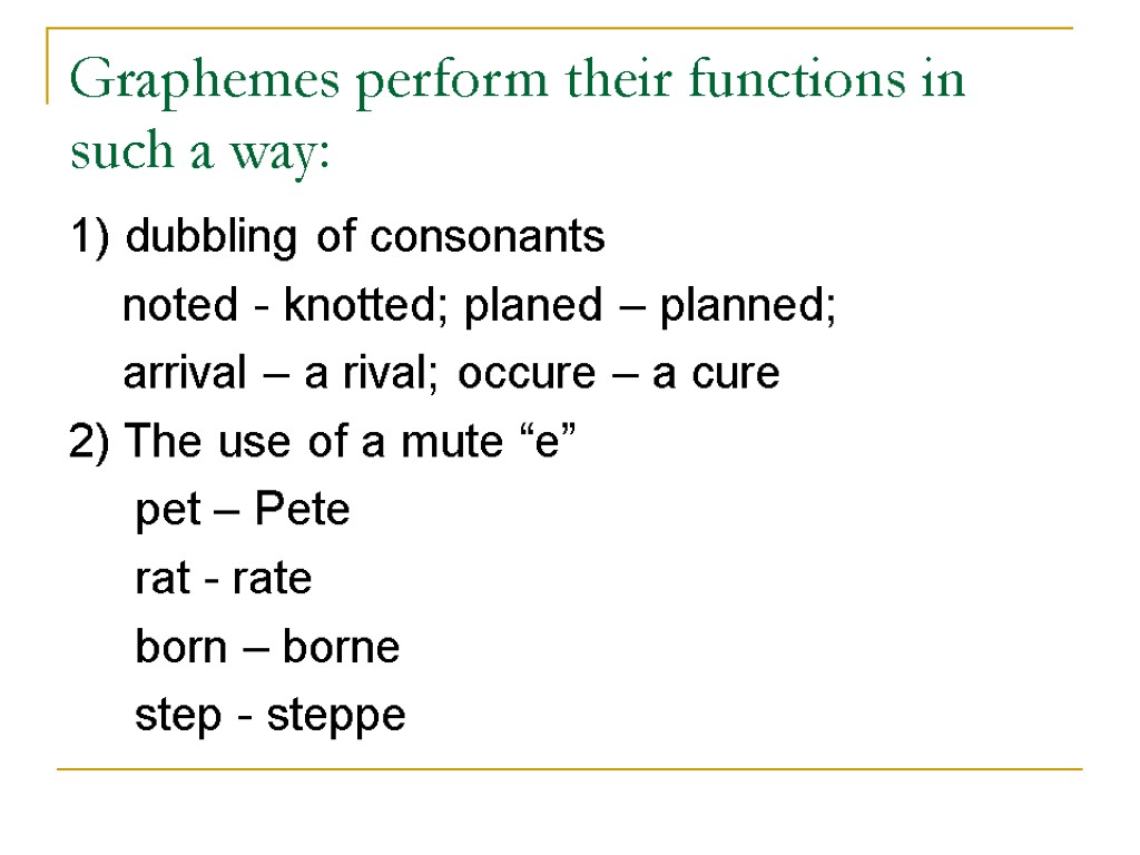 Graphemes perform their functions in such a way: 1) dubbling of consonants noted -